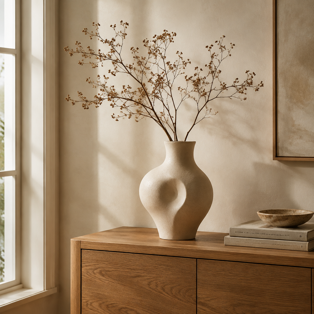 Ceramic vase styled on a console in a warm neutral room