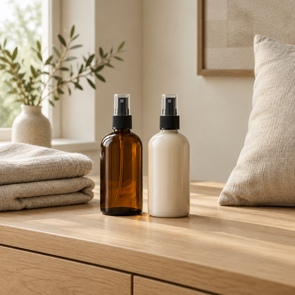 Textile sprays beside folded linen