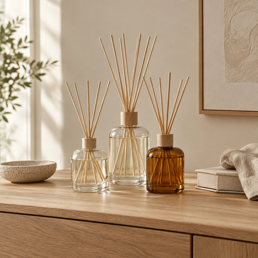 Reed diffusers in warm neutral setting