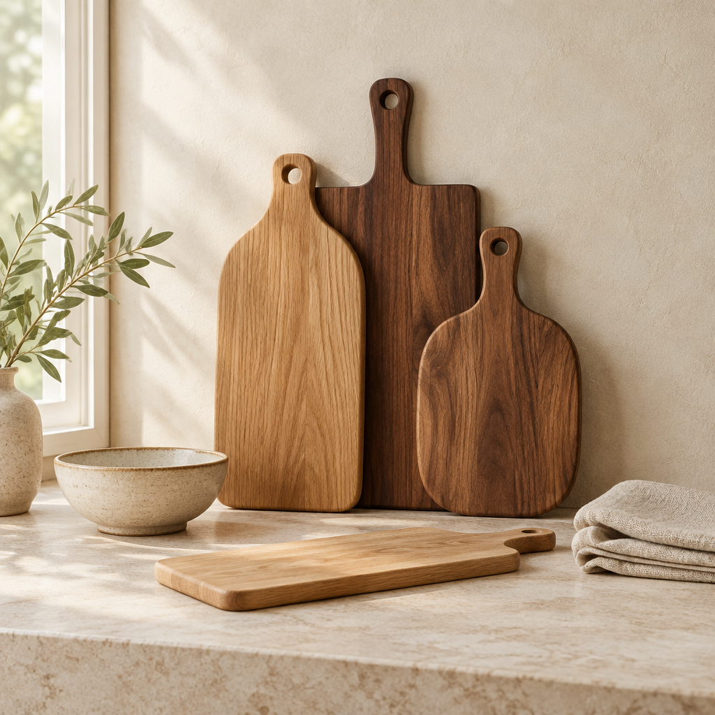Wooden chopping boards in warm neutral kitchen